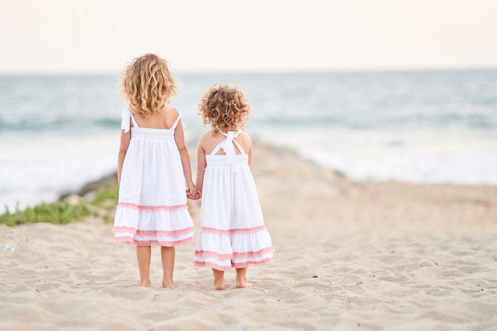 Clare Dress - White with blush pink trim