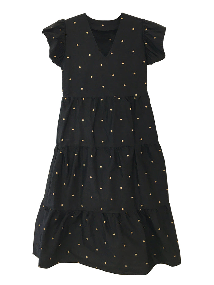 Isabella Dress - Black Silk with Gold Dots (Pre-Order)