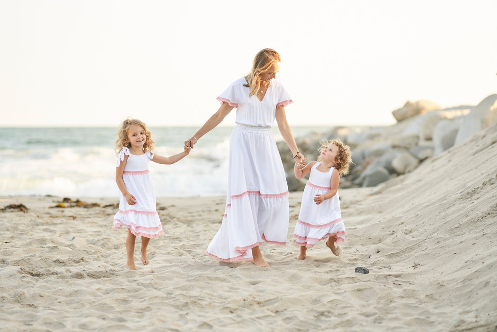 Sophia Dress - White with blush trim