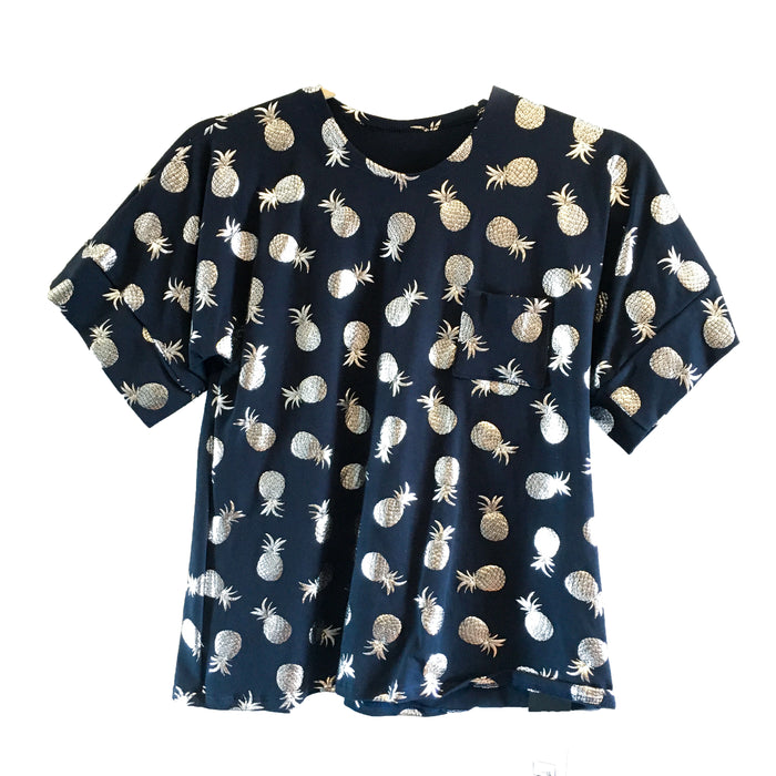 Taylor T-Shirt - Navy with Silver Pineapple Print