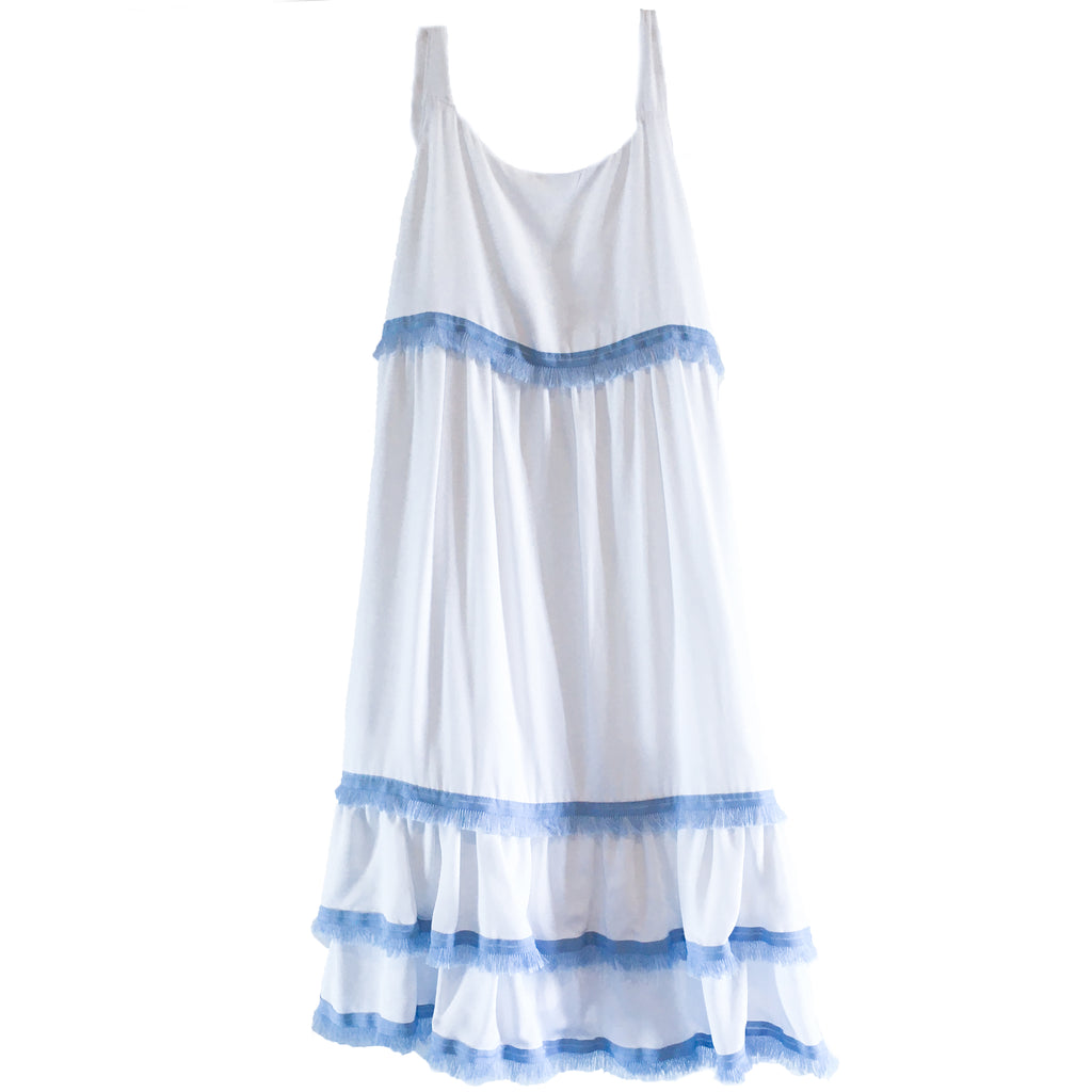 Clare Dress - White with blue trim