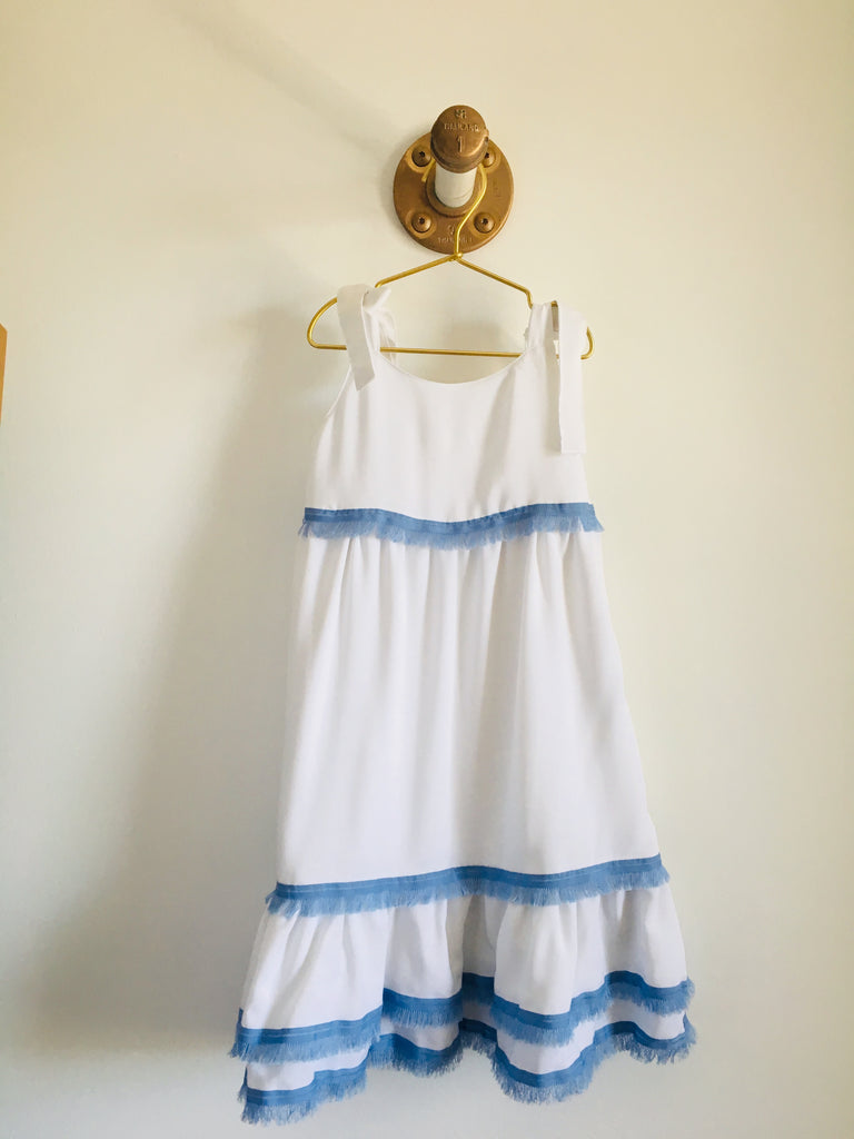 Clare Dress - White with blue trim