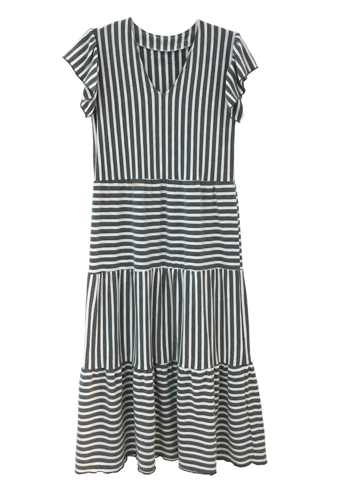 Isabella Dress - Grey and White Stripe